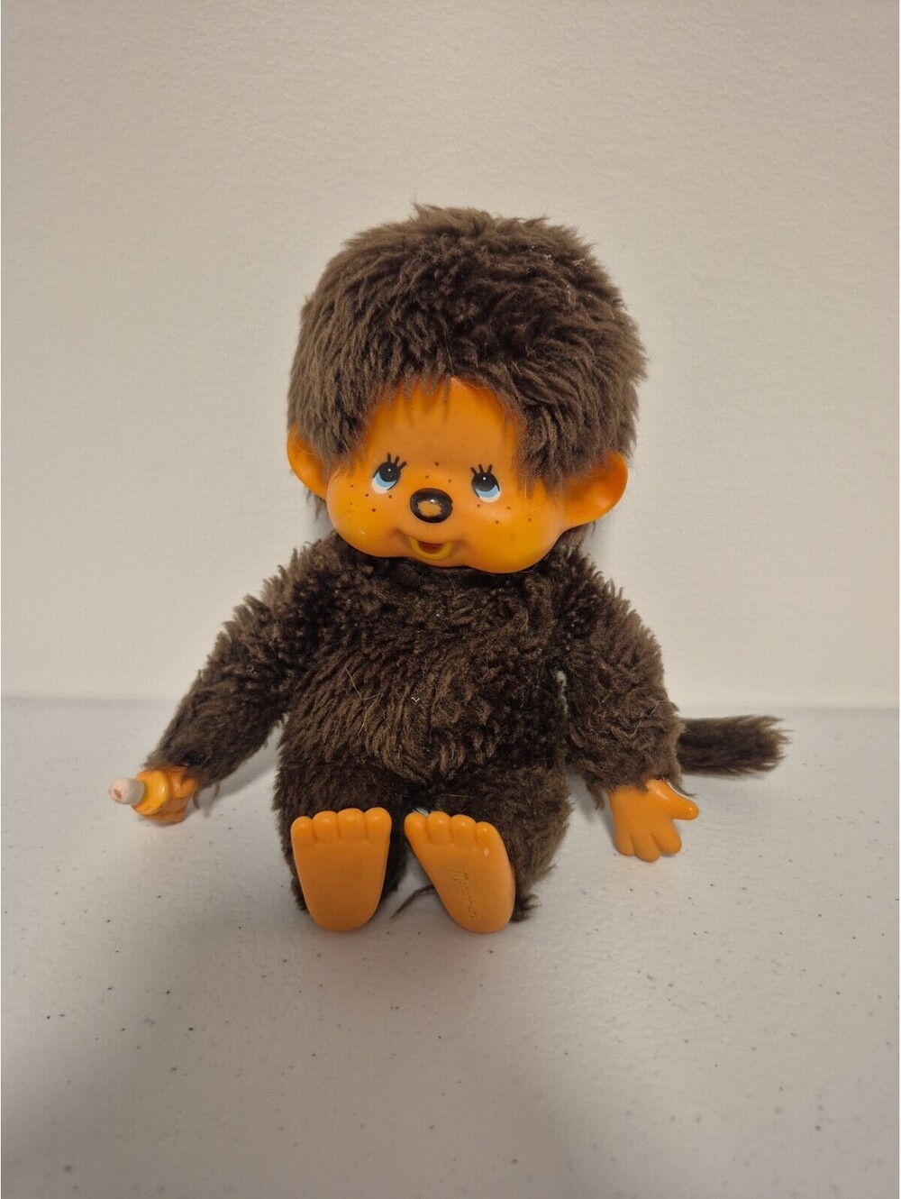 1974 Monchhichi Baby Monkey Blue Eyes Thumb Sucking Pacifier Plush 8” Japan